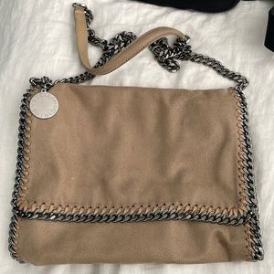 Authentic Stella McCartney tan sueded bag with chain trim and strap